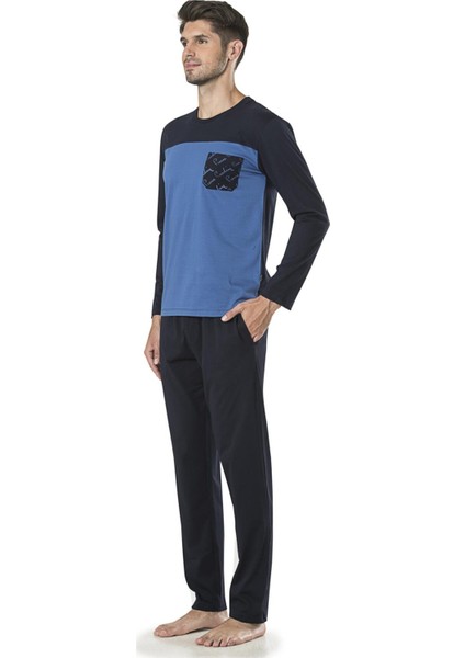 5440 Lacivert Bisiklet Yaka Uzun Kollu Penye Erkek Pijama Takımı