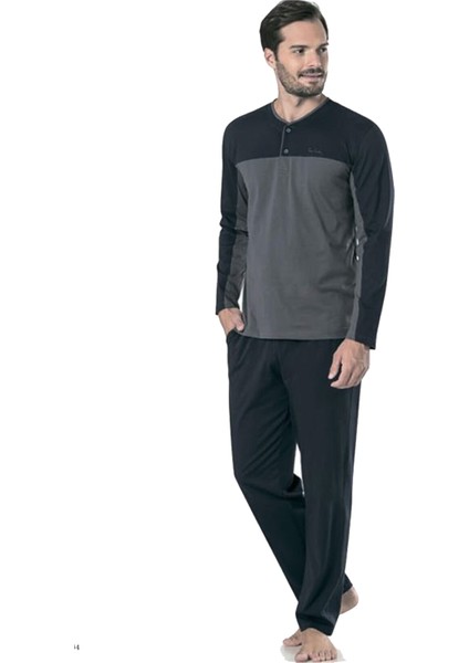 5443 Füme Bisiklet Yaka Uzun Kollu Penye Erkek Pijama Takımı