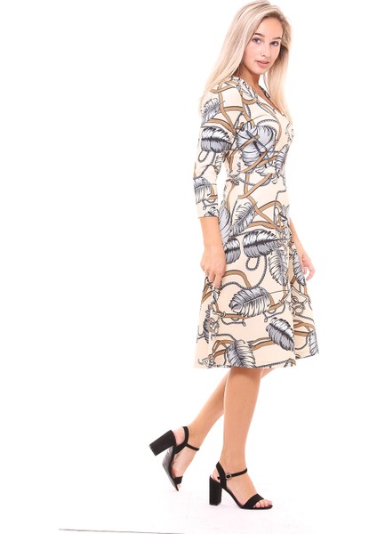 Yaprak Desenli Elbise | ELB32243 Bej