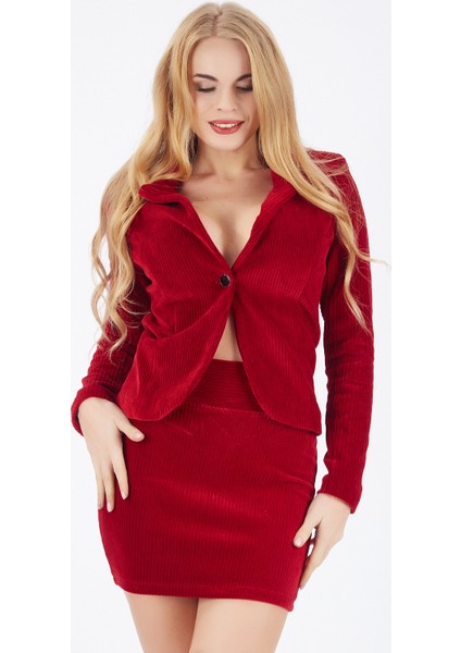 Önü Tek Düğmeli Fitilli Kadife Ceket | CKT32307 Bordo
