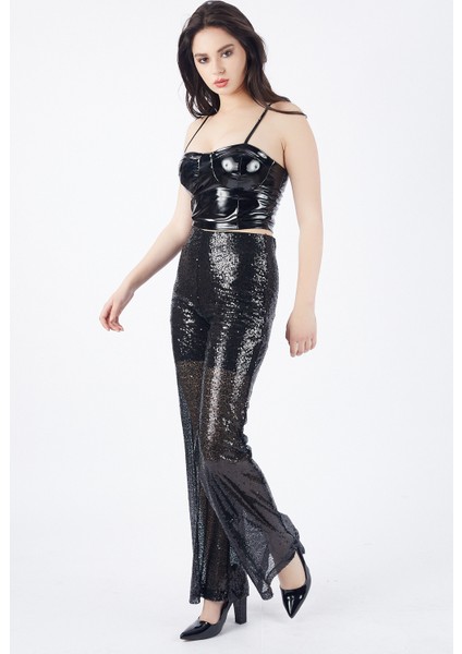 Astarlı Gizli Fermuarlı Zara Payet Pantolon | PNT32488 Siyah