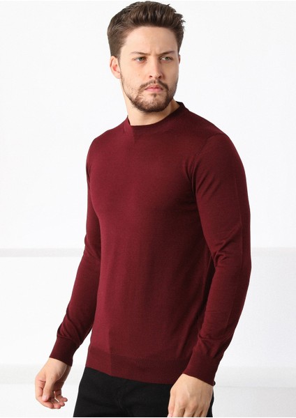 Bordo Bisiklet Yaka Superfine Erkek Triko Kazak