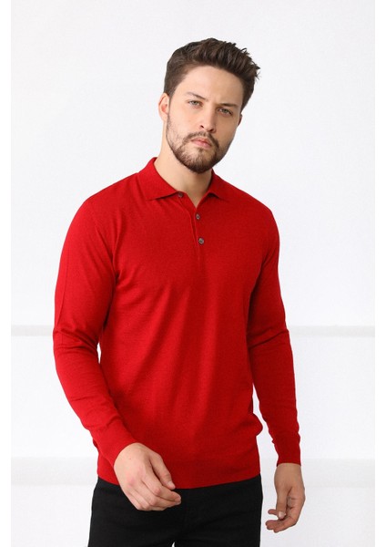 Kırmızı Polo Yaka Superfine Erkek Triko Kazak