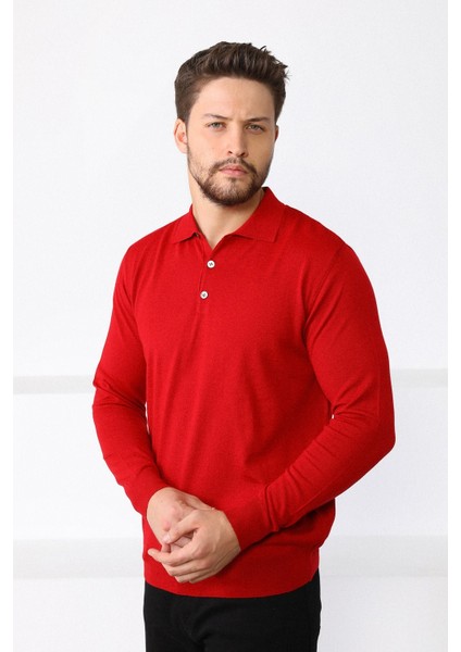 Kırmızı Polo Yaka Superfine Erkek Triko Kazak