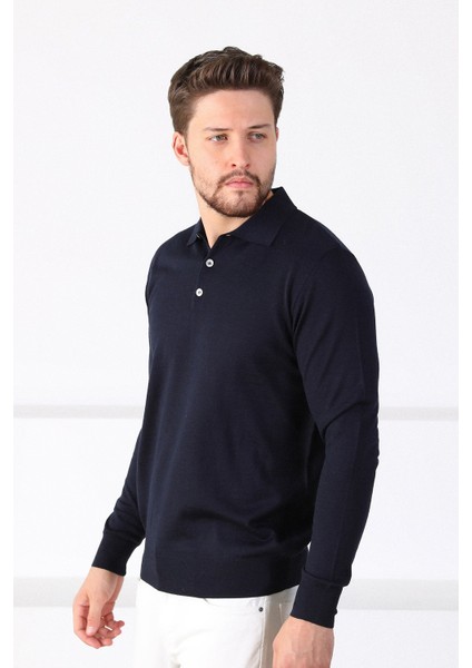 Lacivert Polo Yaka Superfine Erkek Triko Kazak