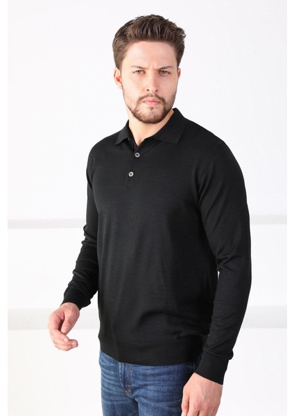 Siyah Polo Yaka Superfine Erkek Triko Kazak