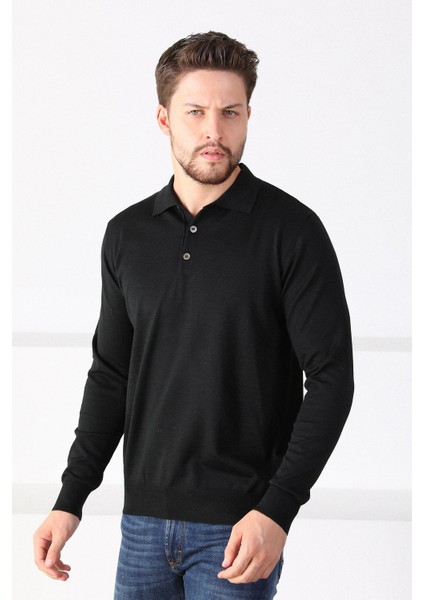 Siyah Polo Yaka Superfine Erkek Triko Kazak