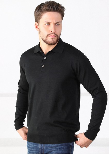 Siyah Polo Yaka Superfine Erkek Triko Kazak