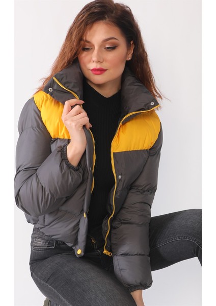 Z6649 Kadın Mont-Antrasit-Sarı
