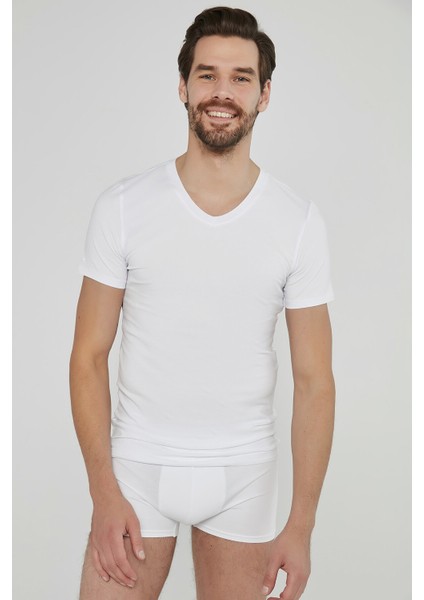 Erkek Optik Beyaz Basic V Yaka Slim 2'li Tişört modelleri