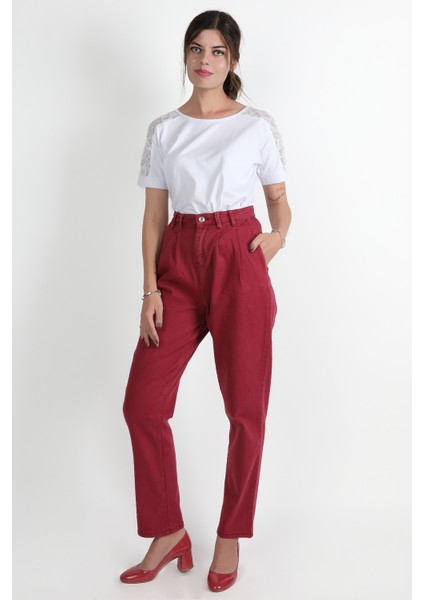 Pileli Chino Pantolon Bordo