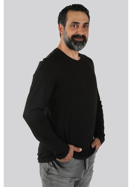 Bisiklet Yaka Uzun Kollu Tişört Siyah