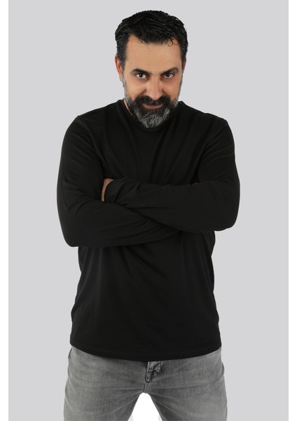 Bisiklet Yaka Uzun Kollu Tişört Siyah