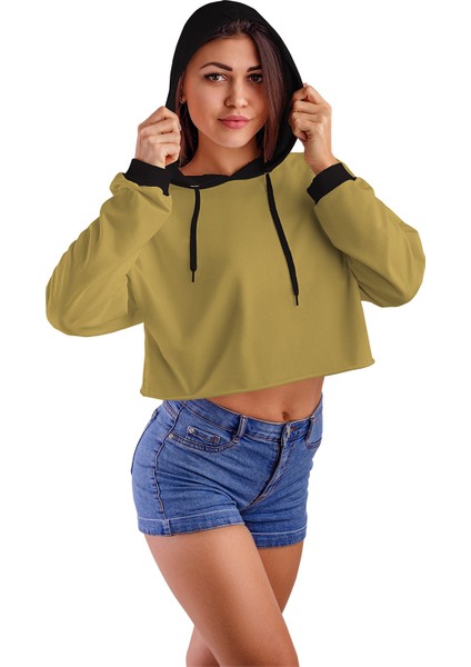 Acr Giyim Açık Kahve Kapüşonlu Crop Top Kadın Sweatshirt - 2 Iplik