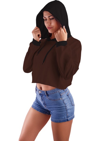 Acr Giyim Koyu Kahve Kapüşonlu Crop Top Kadın Sweatshirt - 2 Iplik