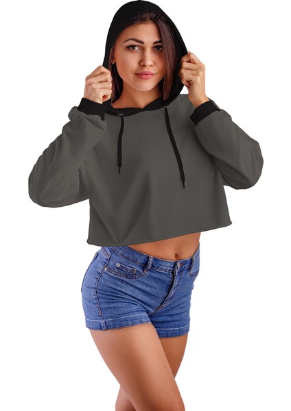 Acr Giyim Füme Kapüşonlu Crop Top Kadın Sweatshirt - 2 Iplik