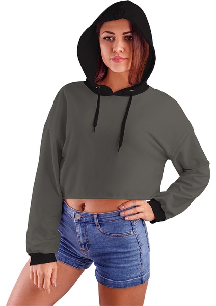 Acr Giyim Füme Kapüşonlu Crop Top Kadın Sweatshirt - 2 Iplik