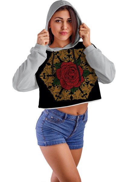 Acr Giyim Meksika Gülü Ön ve Arka Baskılı Kapüşonlu Crop Top Kadın Sweatshirt - 2 Iplik