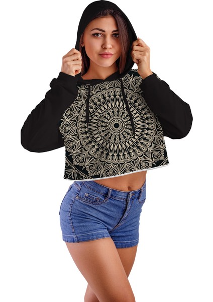 Acr Giyim Mandala Mod 01 Ön ve Arka Baskılı Kapüşonlu Crop Top Kadın Sweatshirt - 2 Iplik