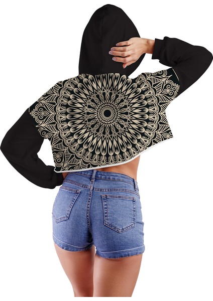 Acr Giyim Mandala Mod 01 Ön ve Arka Baskılı Kapüşonlu Crop Top Kadın Sweatshirt - 2 Iplik