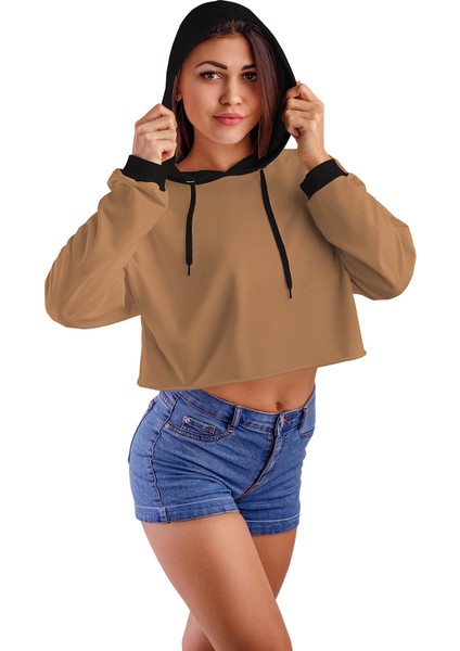 Acr Giyim Sütlü Kahve Kapüşonlu Crop Top Kadın Sweatshirt - 2 Iplik