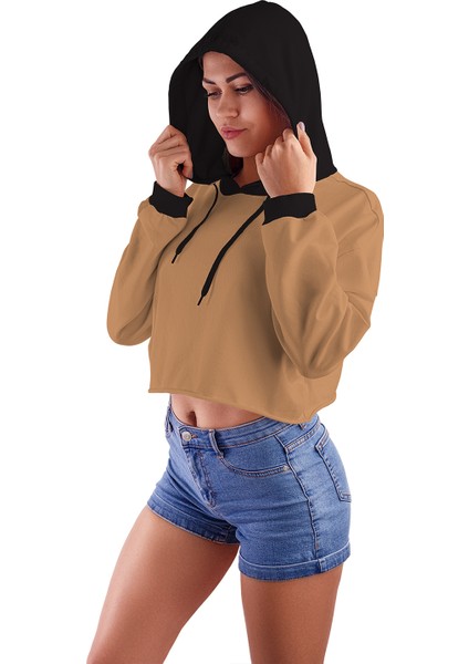 Acr Giyim Sütlü Kahve Kapüşonlu Crop Top Kadın Sweatshirt - 2 Iplik