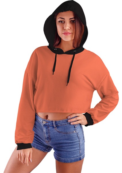 Acr Giyim Yavruağzı Kapüşonlu Crop Top Kadın Sweatshirt - 2 Iplik