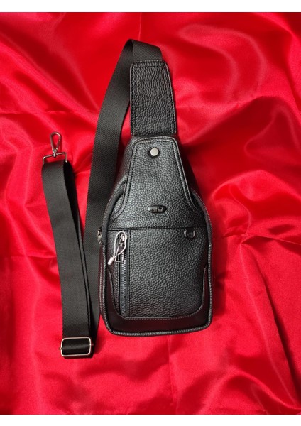 Siyah Çift Taraflı Suni Deri Omuz ve Göğüs Çantası Bodybag