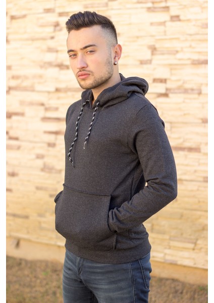 Erkek Antrasit Kapüşonlu Kanguru Cepli Uzun Kollu Sweatshirt 20EESAKNGR