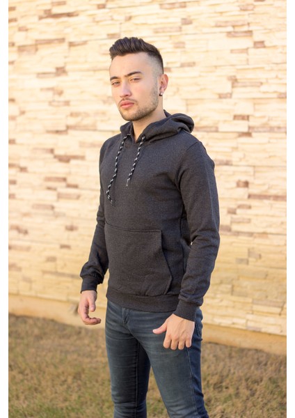 Erkek Antrasit Kapüşonlu Kanguru Cepli Uzun Kollu Sweatshirt 20EESAKNGR
