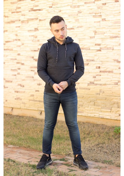 Erkek Antrasit Kapüşonlu Kanguru Cepli Uzun Kollu Sweatshirt 20EESAKNGR