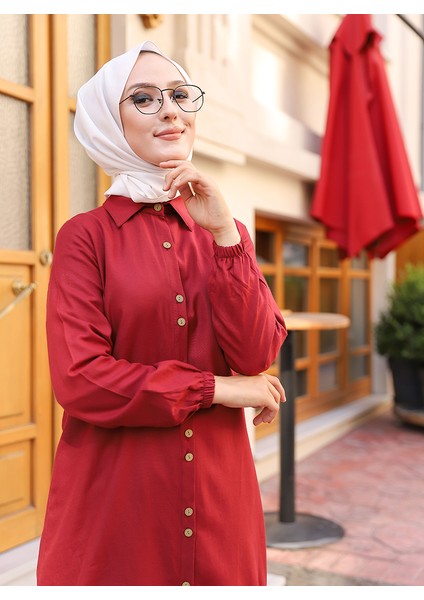 Kadın Boydan Düğmeli Tunik - Bordo - Tofisa fiyatları