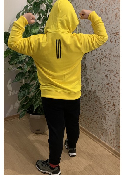 Erkek Çocuk Sarı Fermuarlı Kapşonlu Baskılı Sweatshirt