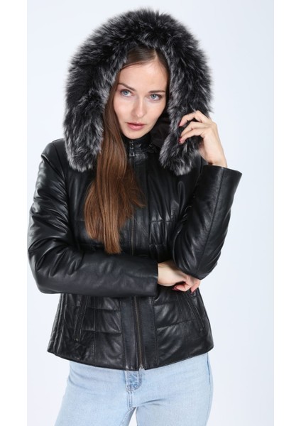 Elegance Model Siyah Kürklü Kapşon Deri Mont