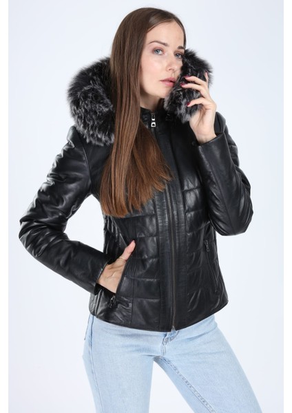 Elegance Model Siyah Kürklü Kapşon Deri Mont