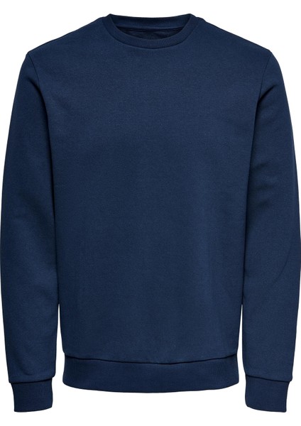 O Yaka Düz Koyu Mavi Erkek Sweatshirt