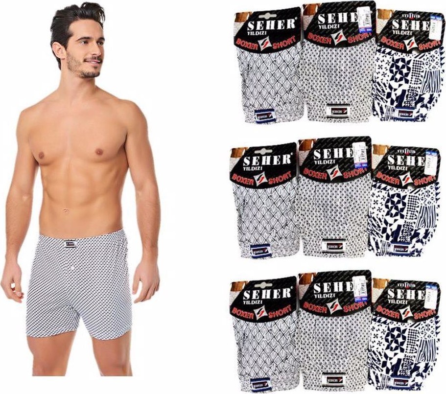 Seher Yıldızı 12 Adet Seher Desenli Düğmeli Erkek Pamuk Penye Boxer