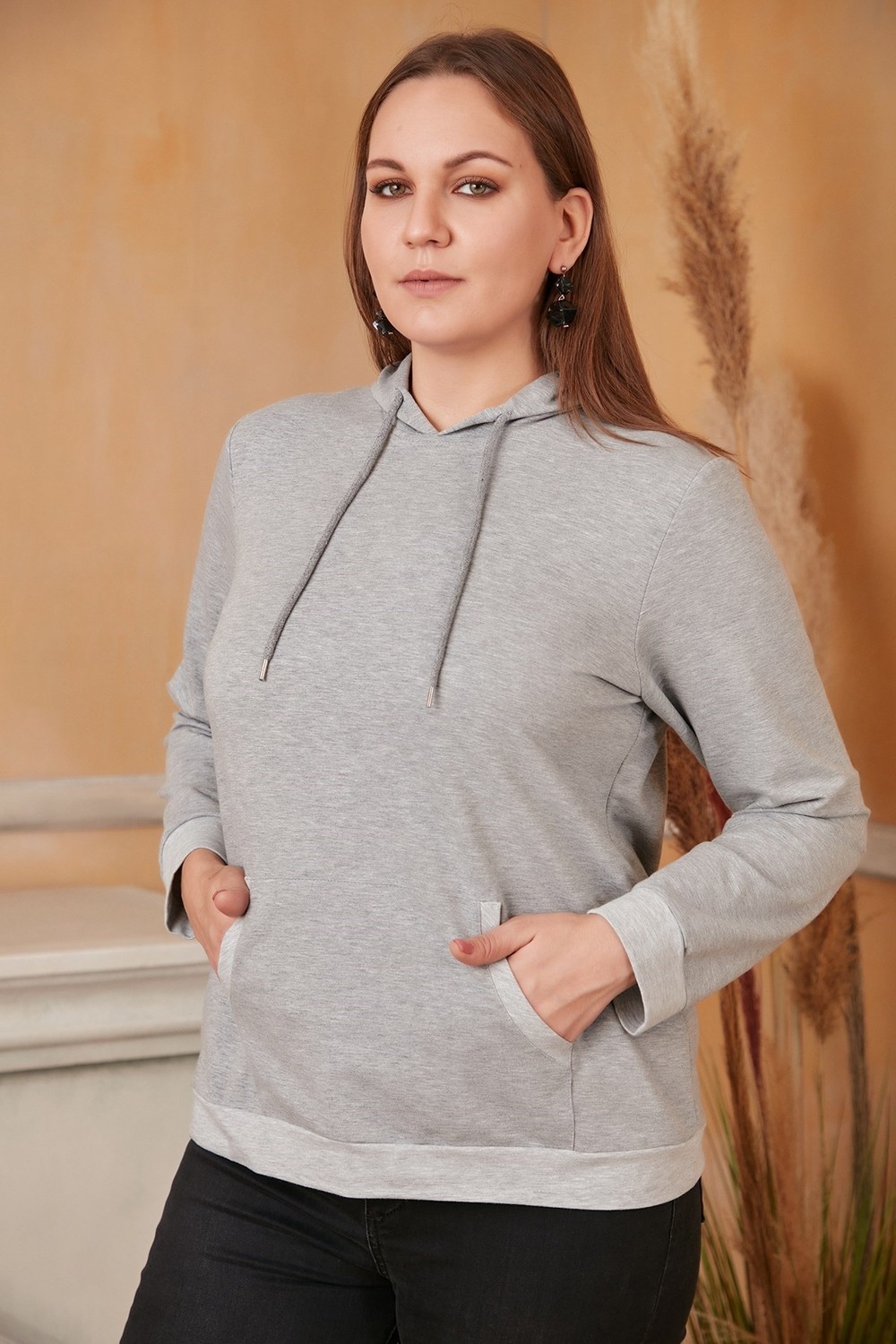 Rmg Kapşonlu Büyük Beden Gri Sweatshirt