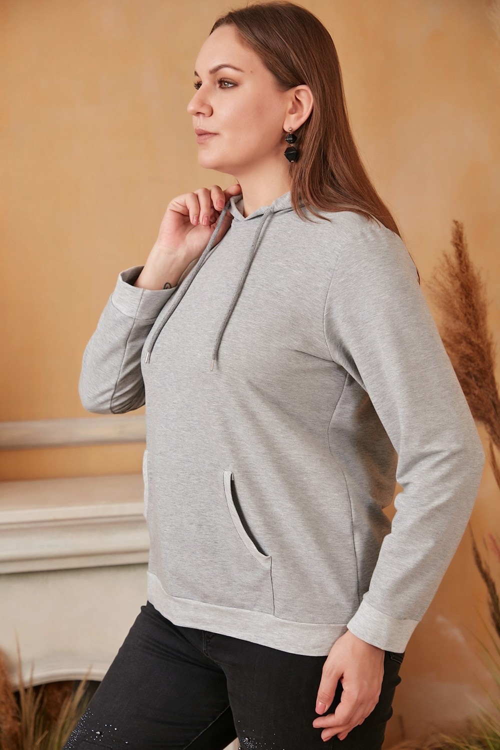 Rmg Kapşonlu Büyük Beden Gri Sweatshirt görsel 2