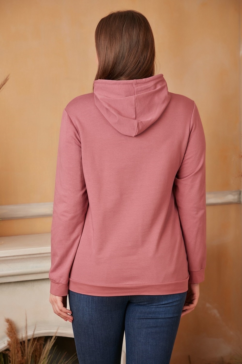 Rmg Kapşonlu Büyük Beden Gülkurusu Sweatshirt görsel 3