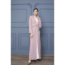 Esswaap Pudra - 2'li Elbiseli Uzun Ceketli Taşlı Abiye Takım 42