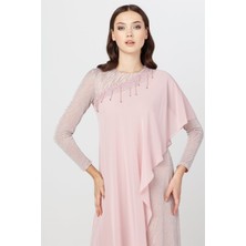 Esswaap Somon - Simli Desenli Şifon Pelerinli Abiye Tulum 38