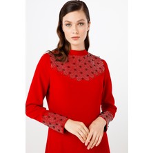 Esswaap Kırmızı Hakim Yakalı, Kol ve Ön Beden Taşlı Abiye 46