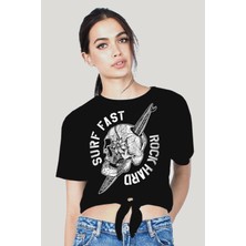 Rock&Roll Sörf Kurukafa Siyah Kesik Crop Top Bağlı Kadın T-Shirt