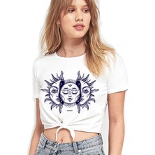 Rock&Roll Ay Güneş Beyaz Kesik Crop Top Bağlı Kadın T-Shirt