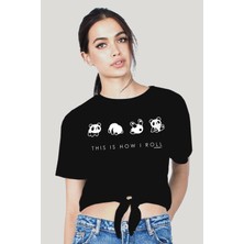 Rock&Roll Panda Taklası Siyah Kesik Crop Top Bağlı Kadın T-Shirt