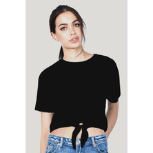 Rock&Roll Düz Siyah Kesik Crop Top Bağlı Kadın T-Shirt