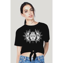 Rock&Roll Ay Güneş Siyah Kesik Crop Top Bağlı Kadın T-Shirt