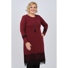 Desen Triko Ced Kadın Dantel Detaylı Aksesuarlı Elbise 47220585 Bordo