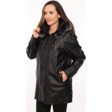 Derimont Deri Sheila Siyah Kapşon Kürklü Kadın Deri Ceket